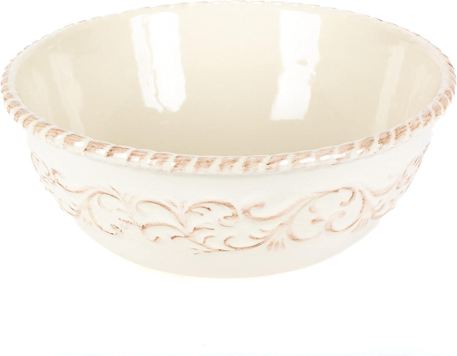 Cream Ceramic 12-Inch Bowl with Acanthus Leaf Metal Base