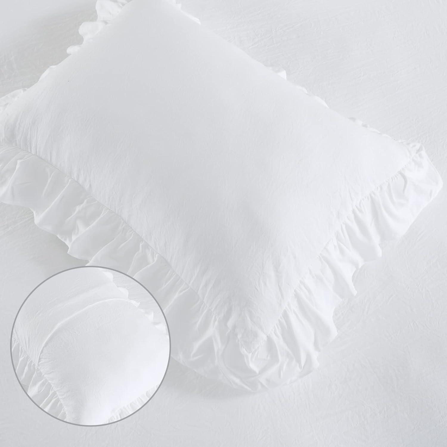 Haperlare 3Pcs Queen Size White Ruffle Duvet Cover Soft Washed Microfiber Vintage French Country Duvet Cover Set for Queen Bed, 90x90 in