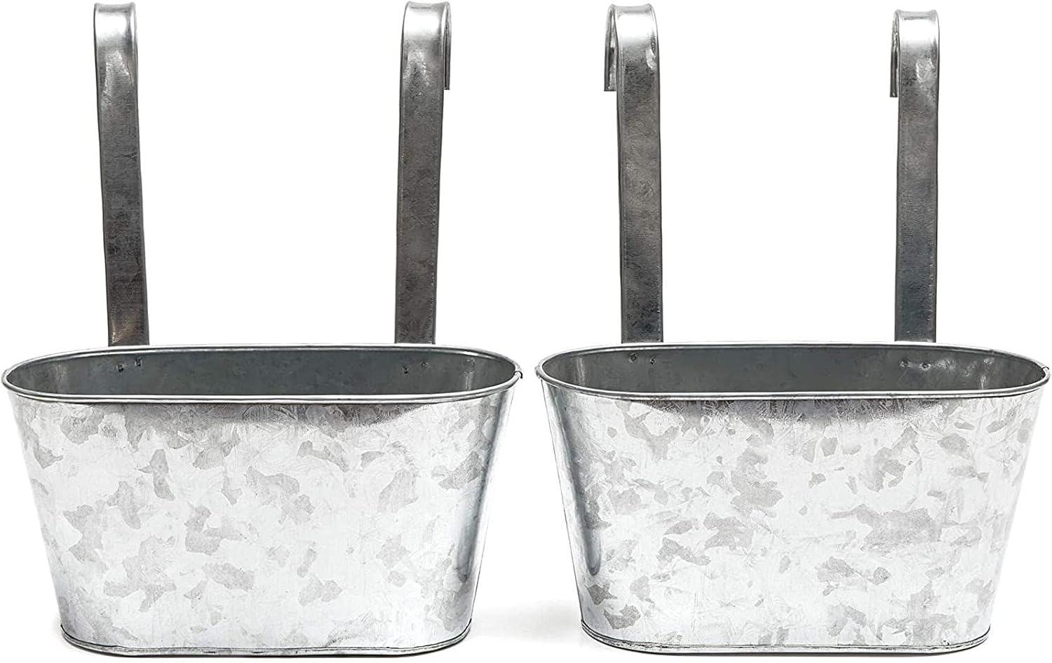 Juvale 2 Pack Galvanized Metal Hanging Bucket Planter Flower Pots for Railing, Fence, Balcony, Wall Decor, and Garden, 5 x 4.5 x 10 In