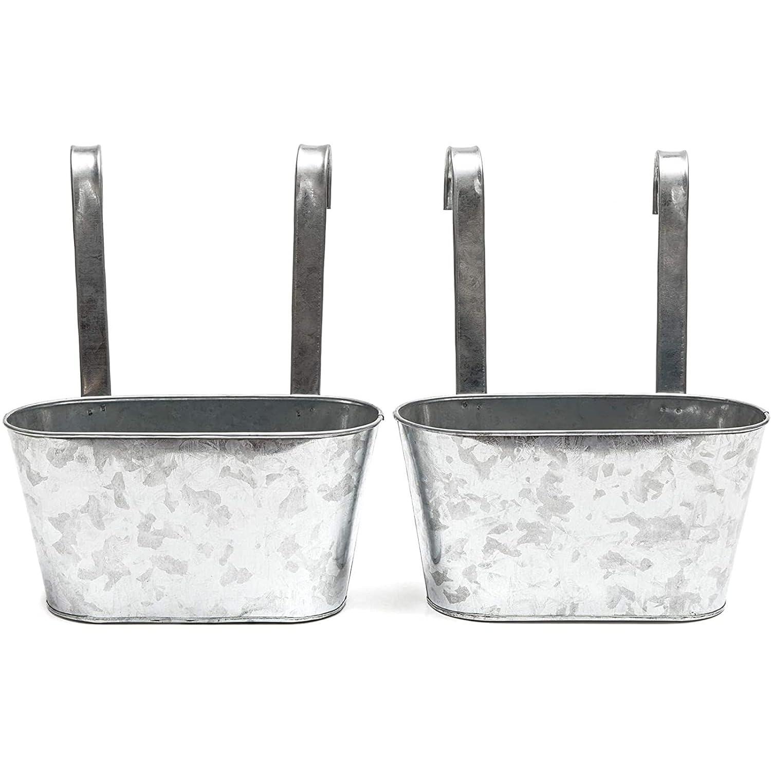 Juvale 2 Pack Galvanized Metal Hanging Bucket Planter Flower Pots for Railing, Fence, Balcony, Wall Decor, and Garden, 5 x 4.5 x 10 In