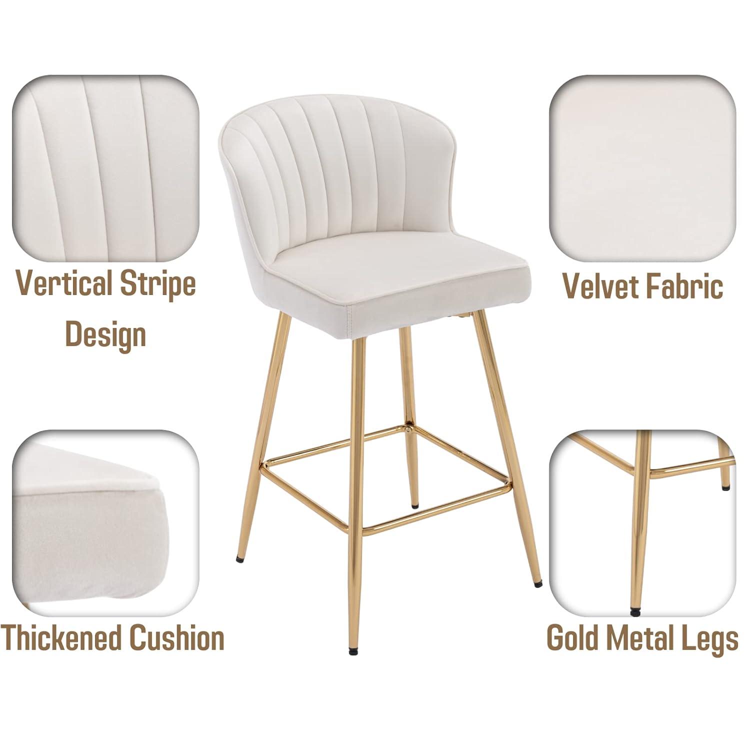 Counter Height Stools Set of 2, Velvet Bar Stools with 27 Inches Upholstered Seat Height, Handmade Woven Back Armrest, Sturdy Golden Metal Legs for Home Dining Pub Kitchen Island, Beige