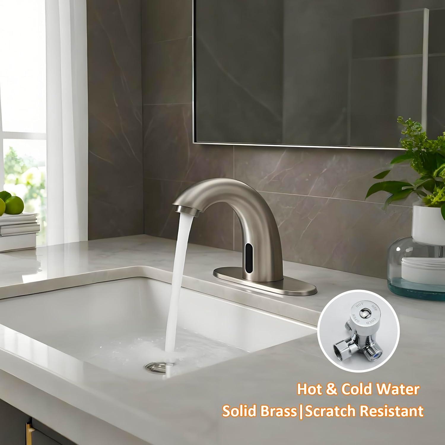 Touchless Bathroom Sink Faucet - Automatic Motion Sensor Restroom Toilet Faucet - Battery Operated for Commercial Lavatory, Brushed Nickel