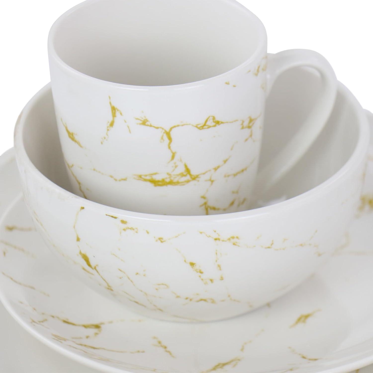 White and Gold Marble Ceramic Dinnerware Set, Service for 4