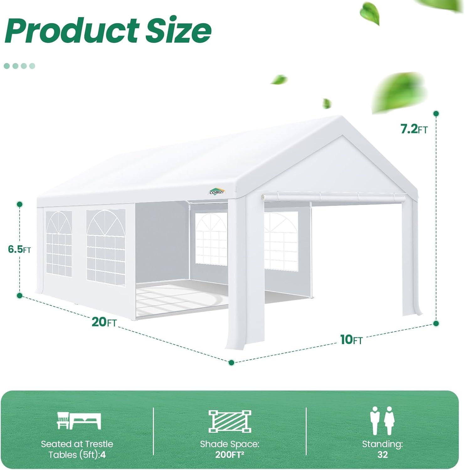 HOTEEL 10x20 Party Tent Heavy Duty with Removable Sidewalls & 4 Built-in Sandbags, Commercial Wedding Large Tent, UV 50+, Waterproof, White