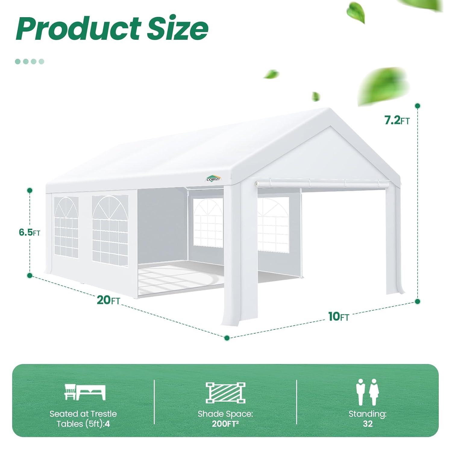 COBIZI 10x30ft Party Tent Heavy Duty, Wedding Tent, Event Tent for Parties, Carpas para Fiestas with 6 Removable Sidewalls, 10x30 Tent with Built-in Sandbag, UV50+, Waterproof, Carport, White