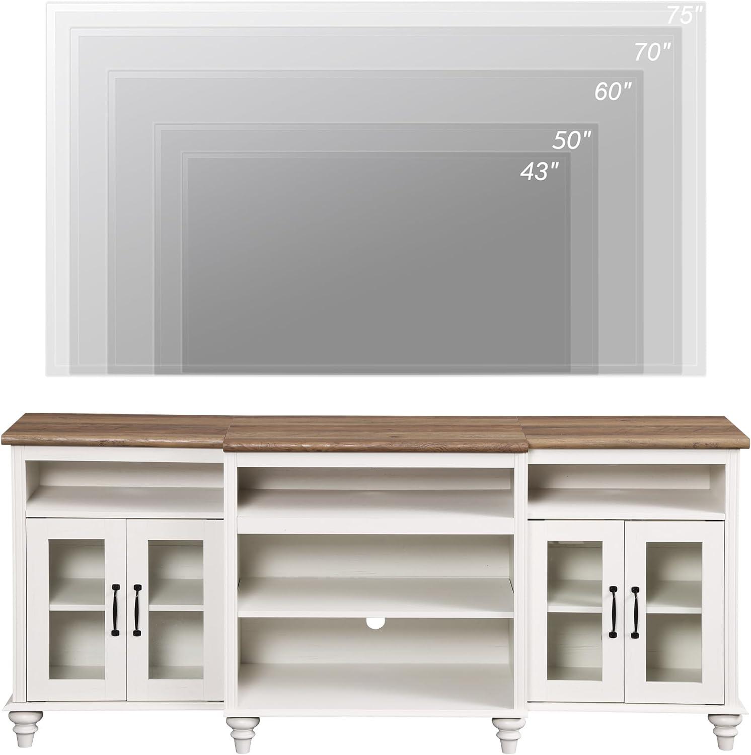 Farmhouse TV Stand for 75 inch TV, 4-Door Glass Wood Entertainment Center with 9 Storage Cabinets, White Media Console Table for Living Room Bedroom，White