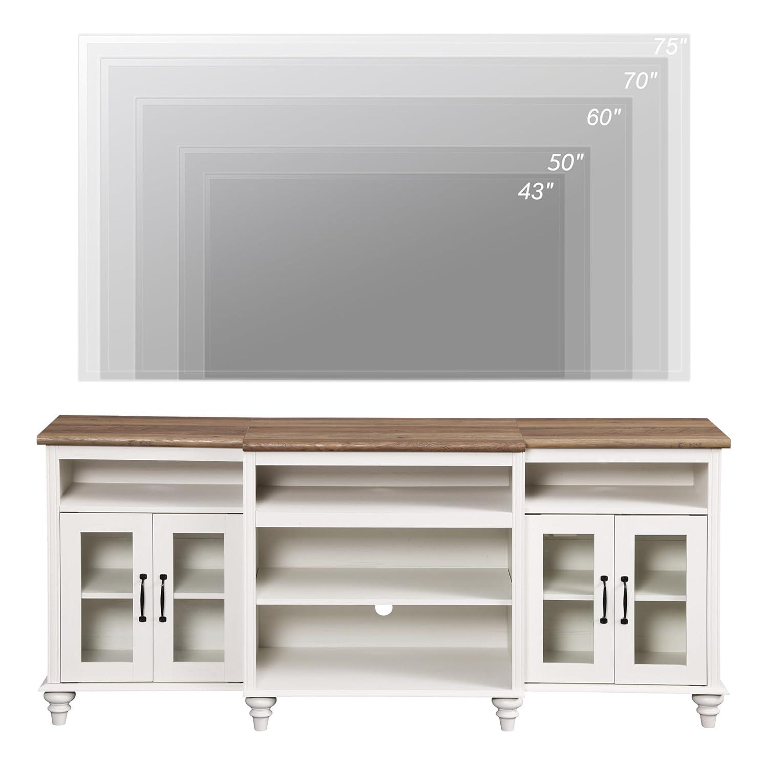 Farmhouse TV Stand for 75 inch TV, 4-Door Glass Wood Entertainment Center with 9 Storage Cabinets, White Media Console Table for Living Room Bedroom，White