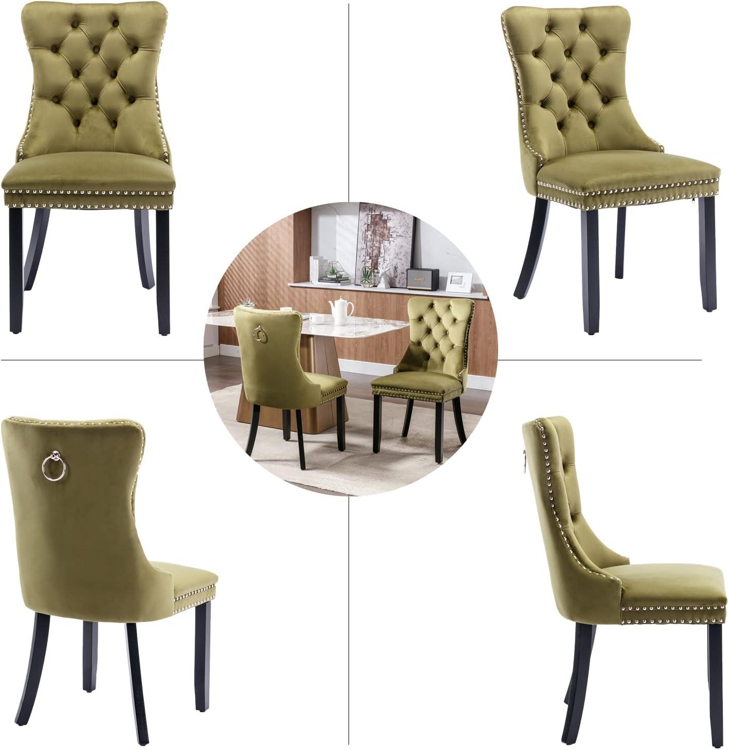 ODUSE-DAILY Green Velvet Dining Chairs Set of 4, Kitchen & Dining Room Chairs, Sillas De Comedor, Nailheads Tufted, Fabric Upholstered, Solid Wood (Olive, 4 Pcs)