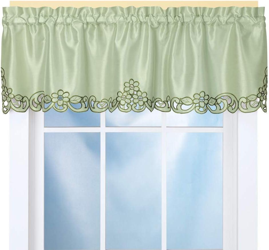 Collections Etc Elegance Scroll Embroidered Cut-Out Window Valance with Rod Pocket Top for Easy Hanging, 58" W x 13" L, Sage