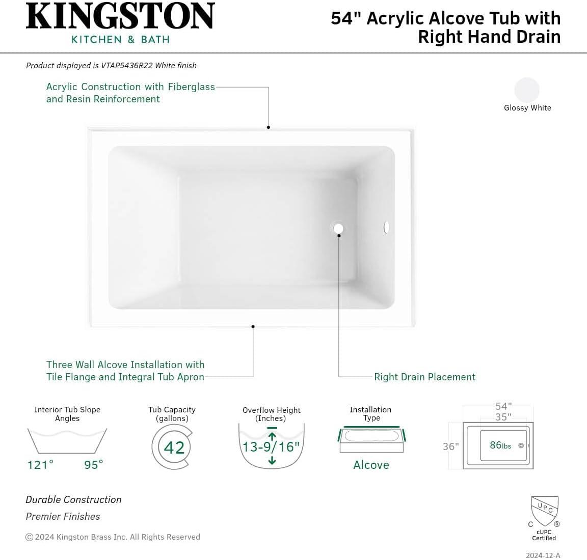 Kingston Brass Aqua Eden 54-Inch Acrylic Rectangular 3-Wall Alcove Tub