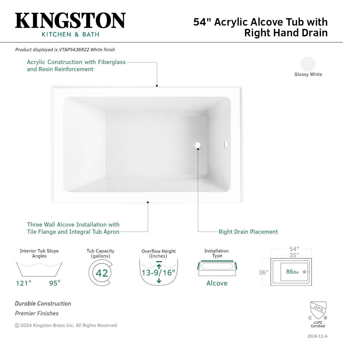 Kingston Brass Aqua Eden 54-Inch Acrylic Rectangular 3-Wall Alcove Tub