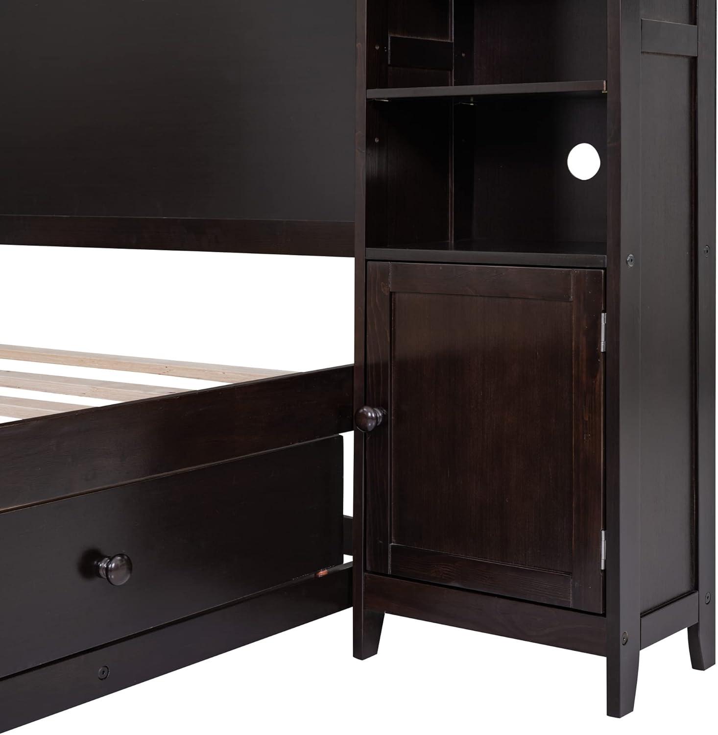 Polibi Full Size Bed Frame Wooden Platform Bed with All-in-One Cabinet and Shelf, 4 Storage Drawers & Wireable Charging Position with Holes,No Box Spring Required,Espresso
