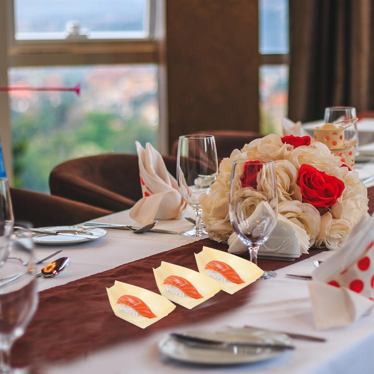 50pcs Disposable Sushi Boat Plates Natural Wooden Sushi Dishes Trays for Restaurant Home