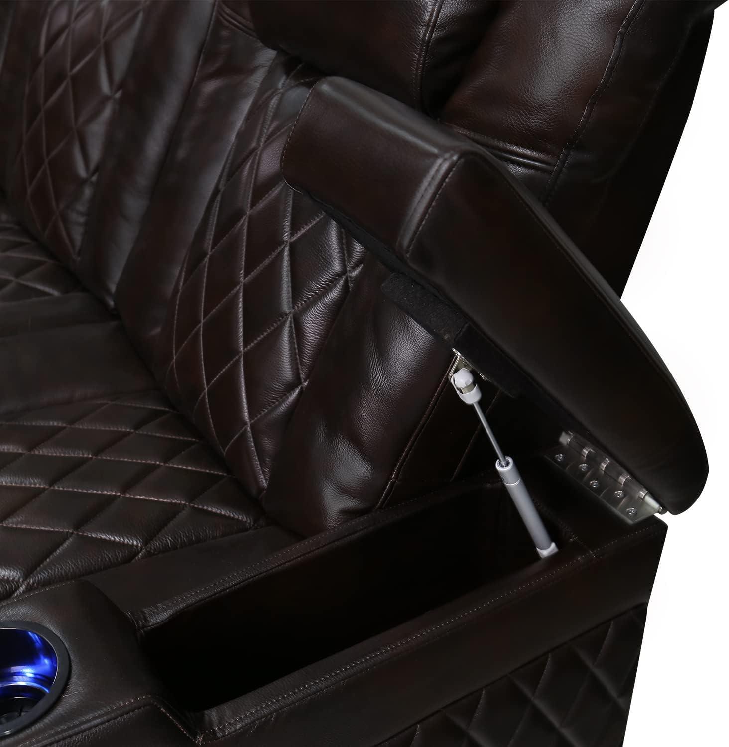 Dark Chocolate Leather Reclining Loveseat with Cup Holders and Storage