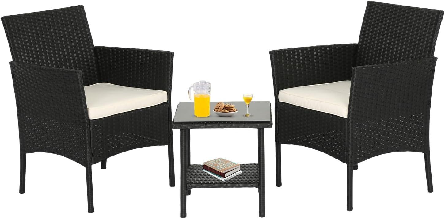 Black and Beige Wicker Rattan Patio Bistro Set with Cushions