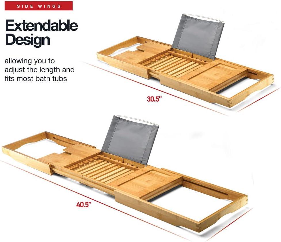 Expandable Bamboo Bathtub Tray Caddy with Wine Holder