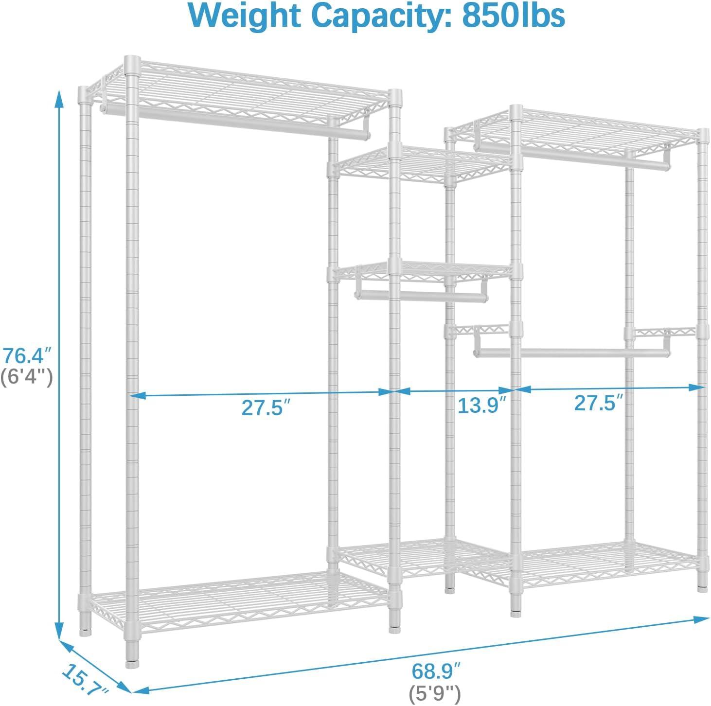 Ulif E7 Heavy Duty Garment Rack, Clothes Organizer and Storage Rack with Expandable Hangers, Metal Clothing Rack with 6 Wire Shelves, (52.3"-72") W x 14.5" D x 71.2" H, Load 838 LBS, White