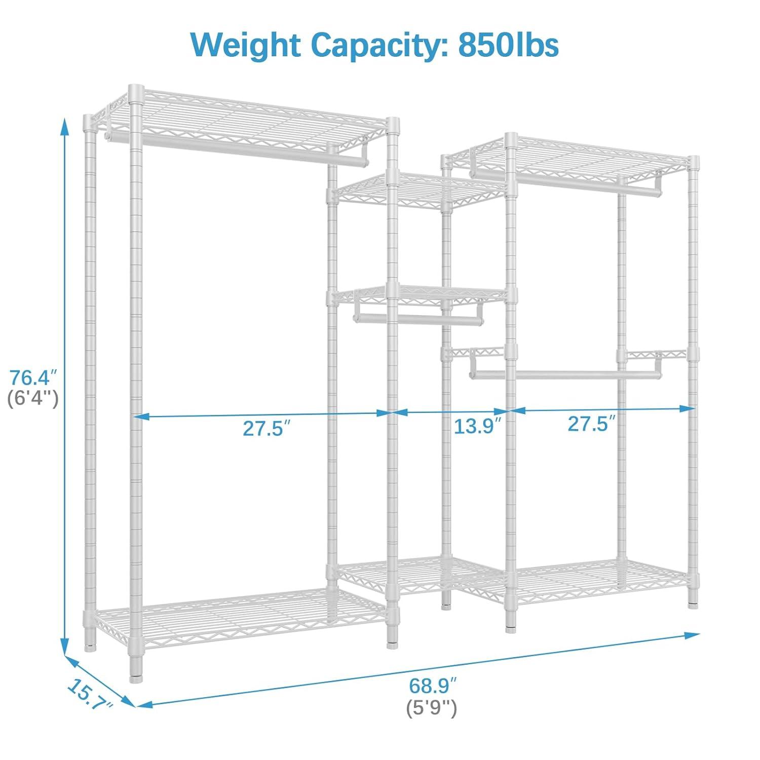 Ulif E7 Heavy Duty Garment Rack, Clothes Organizer and Storage Rack with Expandable Hangers, Metal Clothing Rack with 6 Wire Shelves, (52.3"-72") W x 14.5" D x 71.2" H, Load 838 LBS, White