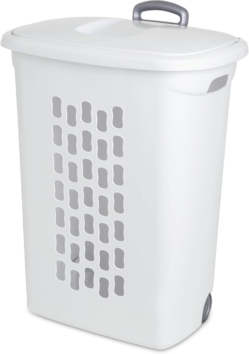 White Plastic Wheeled Laundry Hamper with Lid