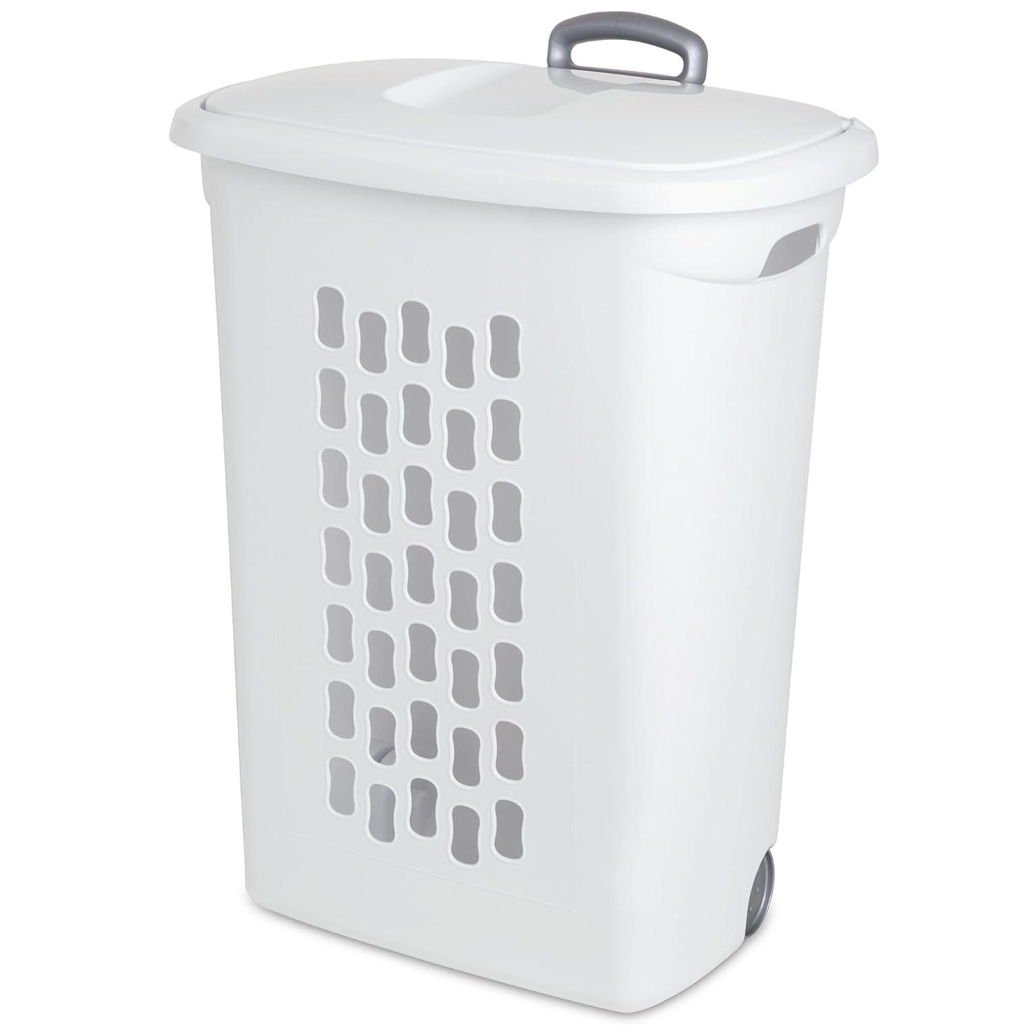 White Plastic Wheeled Laundry Hamper with Lid