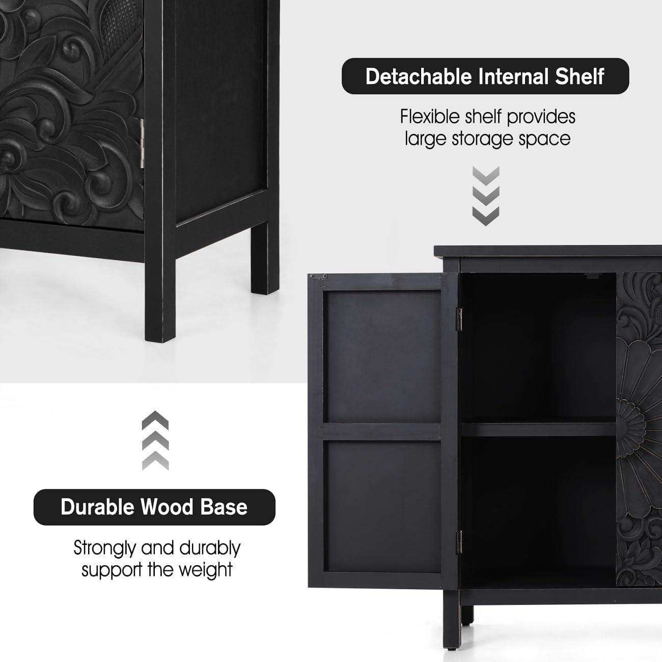 Black Carved Floral Pattern 2-Door Accent Cabinet