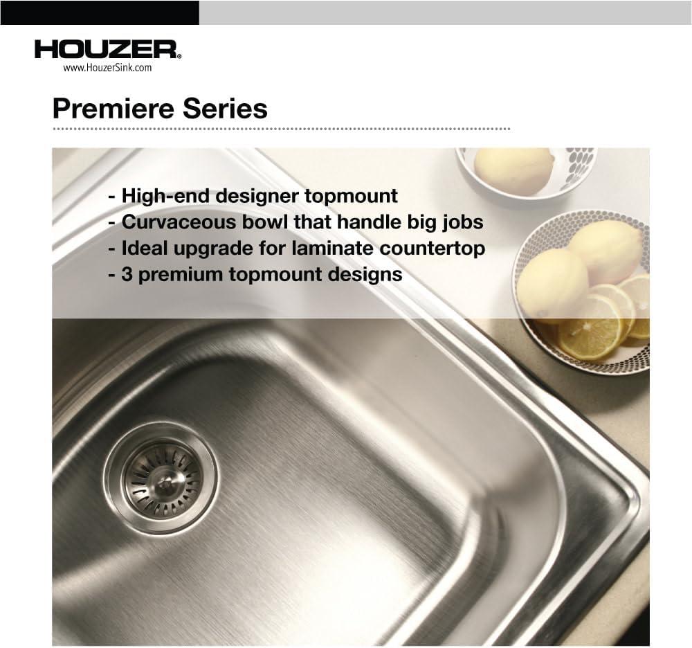 Houzer 33 in Stainless Topmount 4-hole Single Bowl Kitchen Sink w/ Strainer, Grid - PGS-3122-4-C