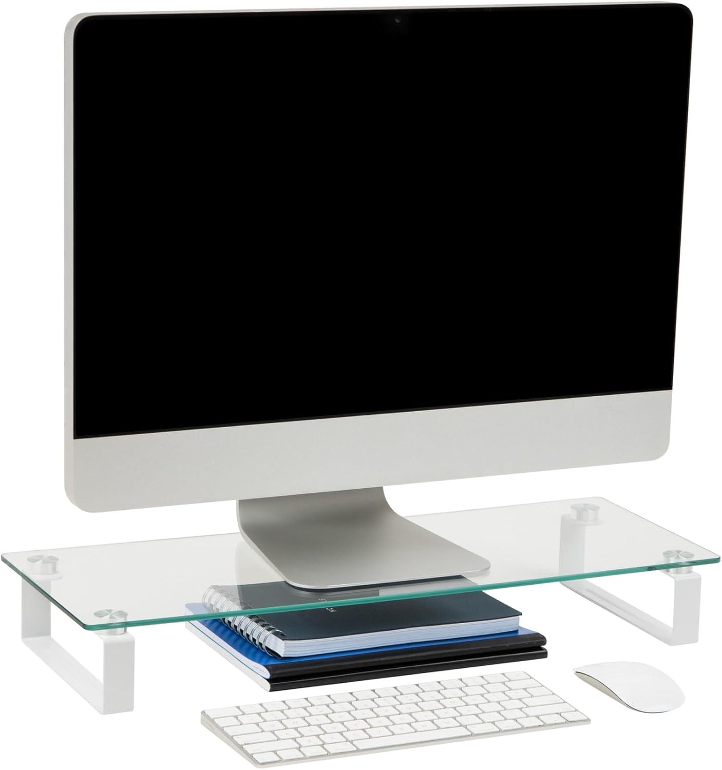 Mind Reader Monitor Stand Office Glass Clear: Desk Organizer & Office Supplies, Metal Monitor Riser, 24.45" x 8.66"