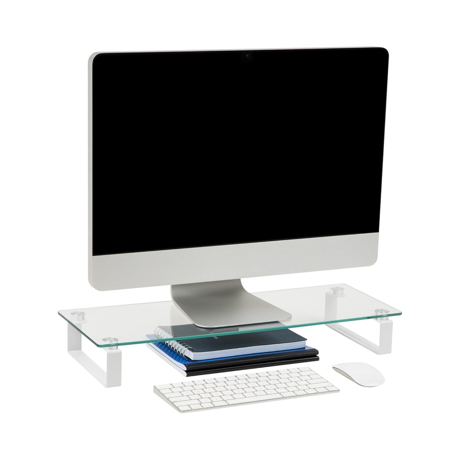 Mind Reader Mind Reader Monitor Stand, Contemporary, Desktop Organizer, Laptop Riser, Office, Glass, 22"L x 8.25"W x 3"H, Clear