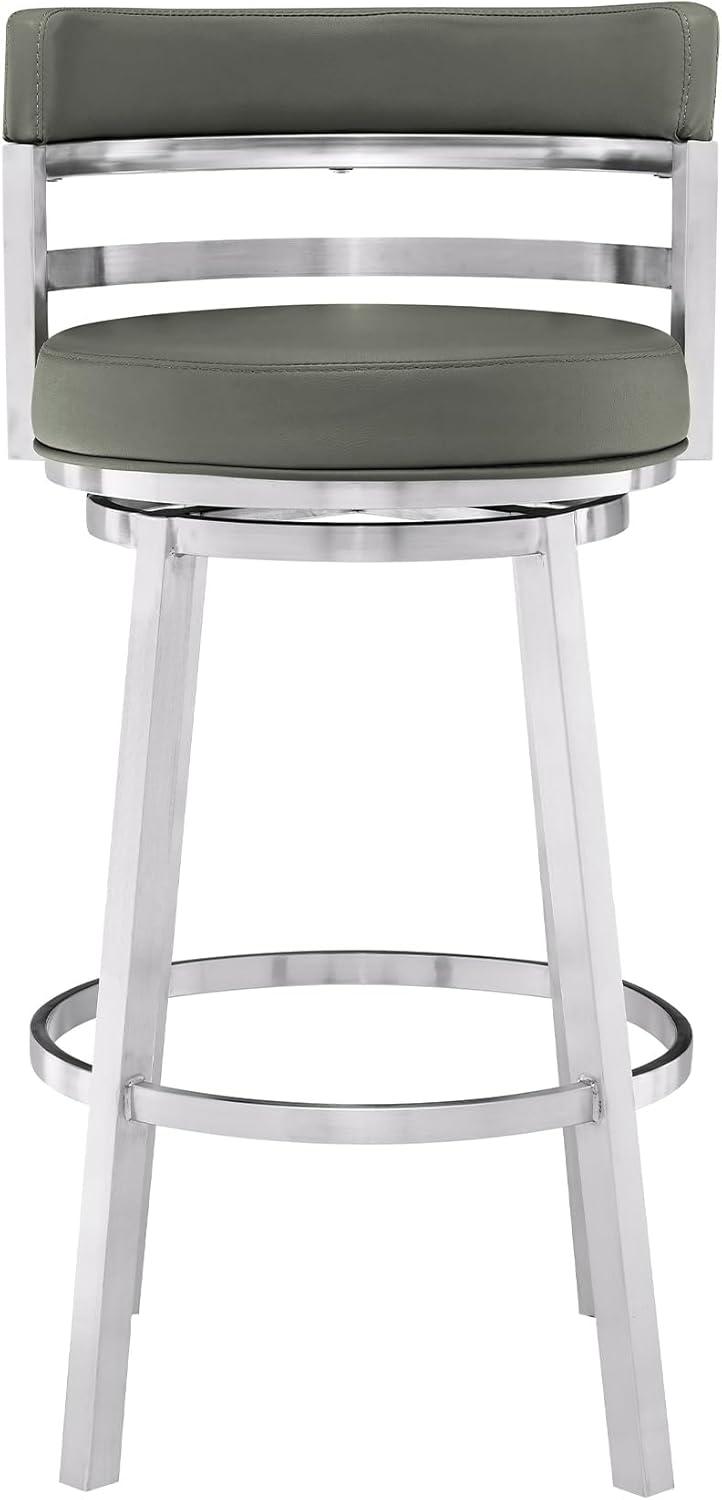 Titana 26" Counter Height Swivel Grey Faux Leather and Brushed Stainless Steel Bar Stool