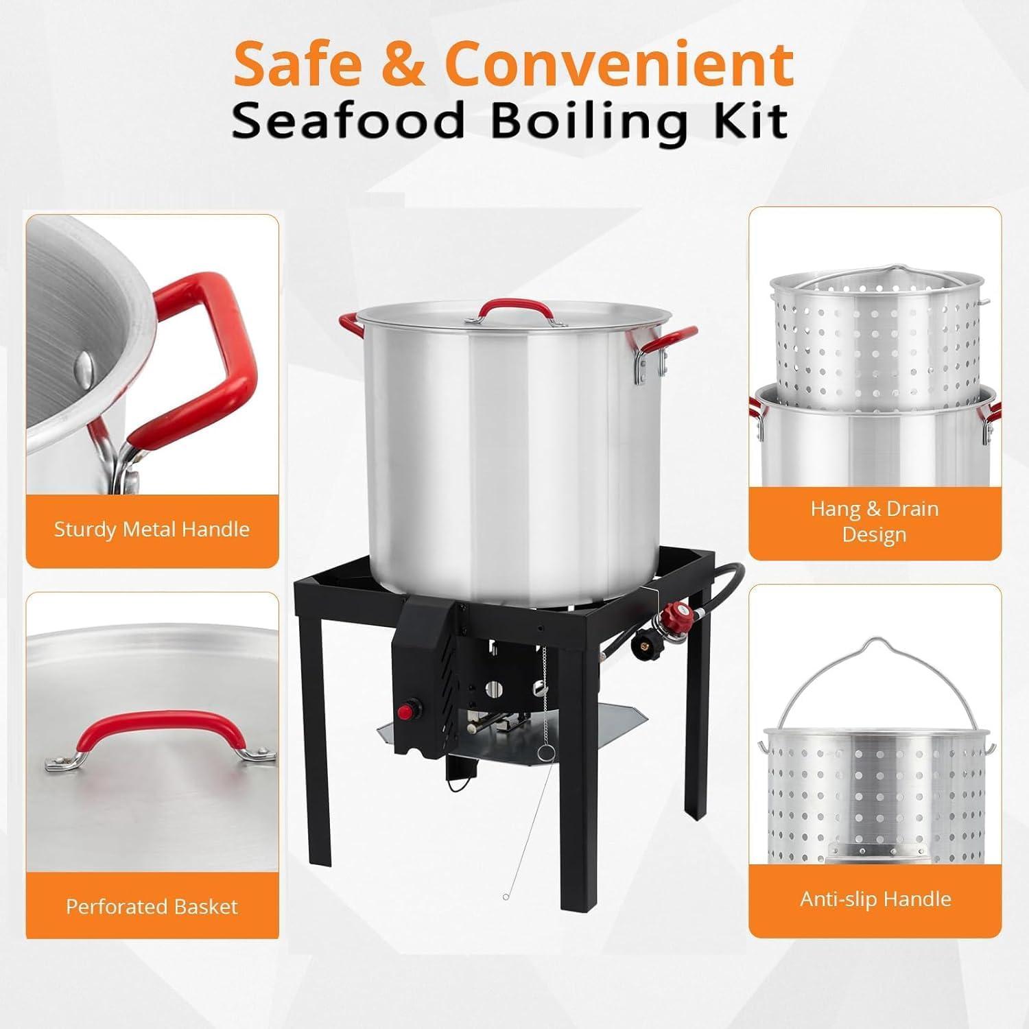 TROPOW 100 Qt Seafood Boil Pot,ACONEE Aluminum Crawfish Boiler w/Steam/Boil Basket & Strainer,110000 BTU Propane Stove Burner with Lifting Hook,10 PSI Regulator,Outdoor Cooking Shrimp Crab Boiler