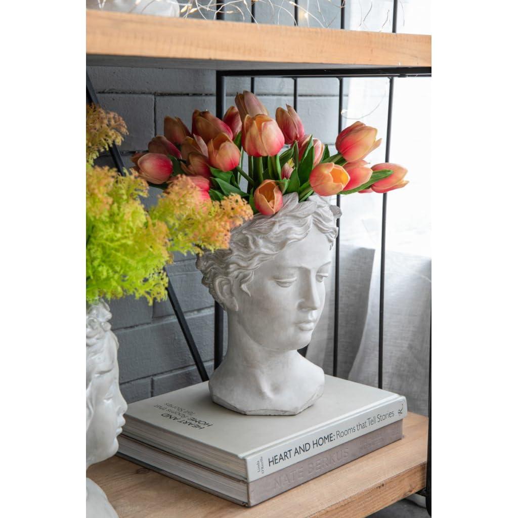 Classic Greek Lady Whitewash Cement Head Planter - Indoor/Outdoor Decor