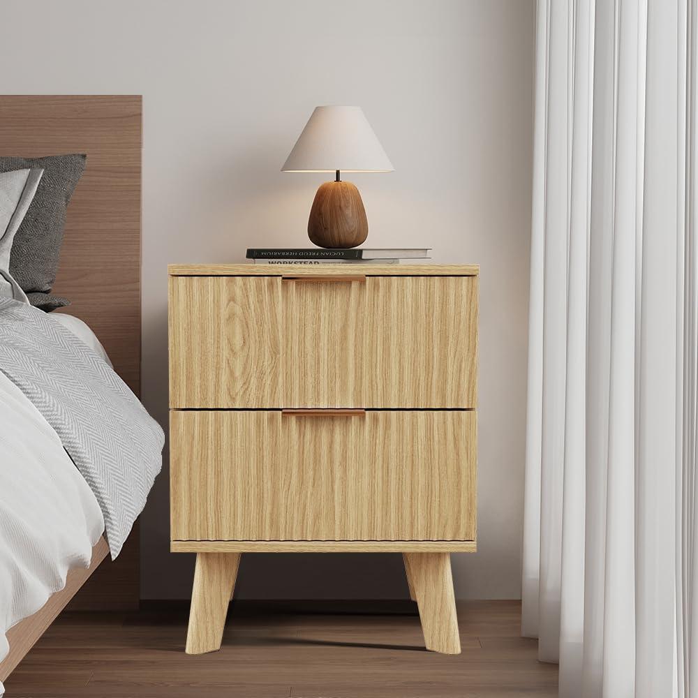 Natural Wood Mid Century Modern 2-Drawer Nightstand