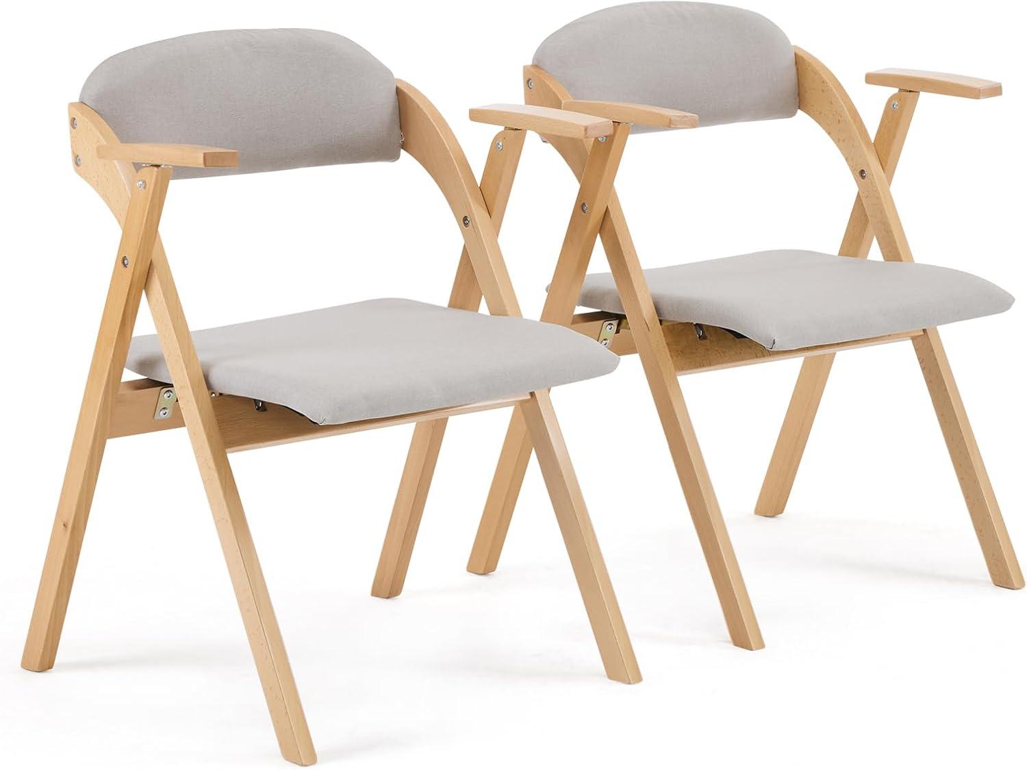IVV Set of 2 Wooden Folding Chairs with Padded Seats and Backrests, Beechwood Frame Portable Chairs with Light Gray PU Leather Cushion