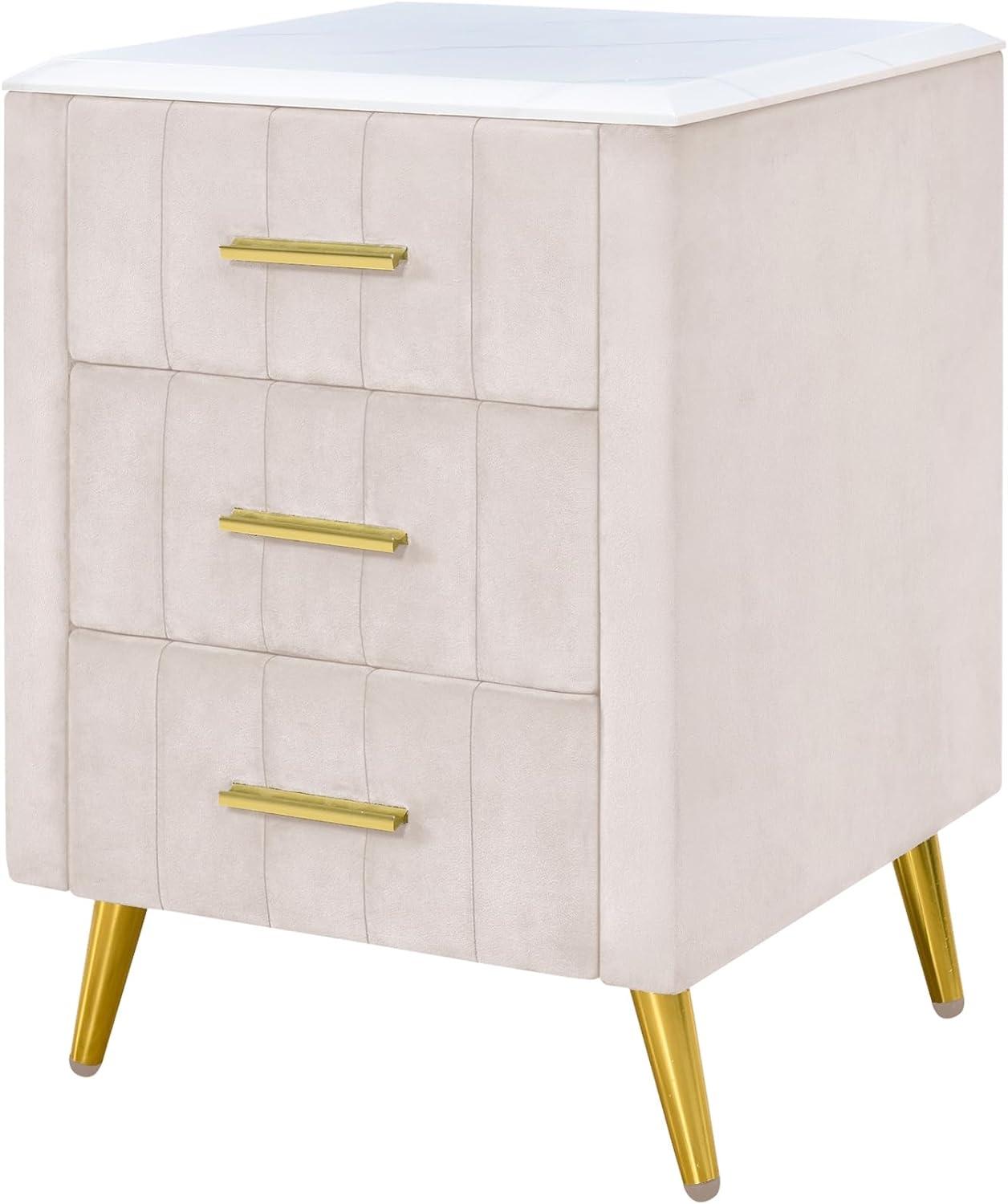 Churanty Upholstered Wooden Nightstand with 3 Drawers and Metal Legs & Handles,Bedside Table with Marbling Worktop,Beige