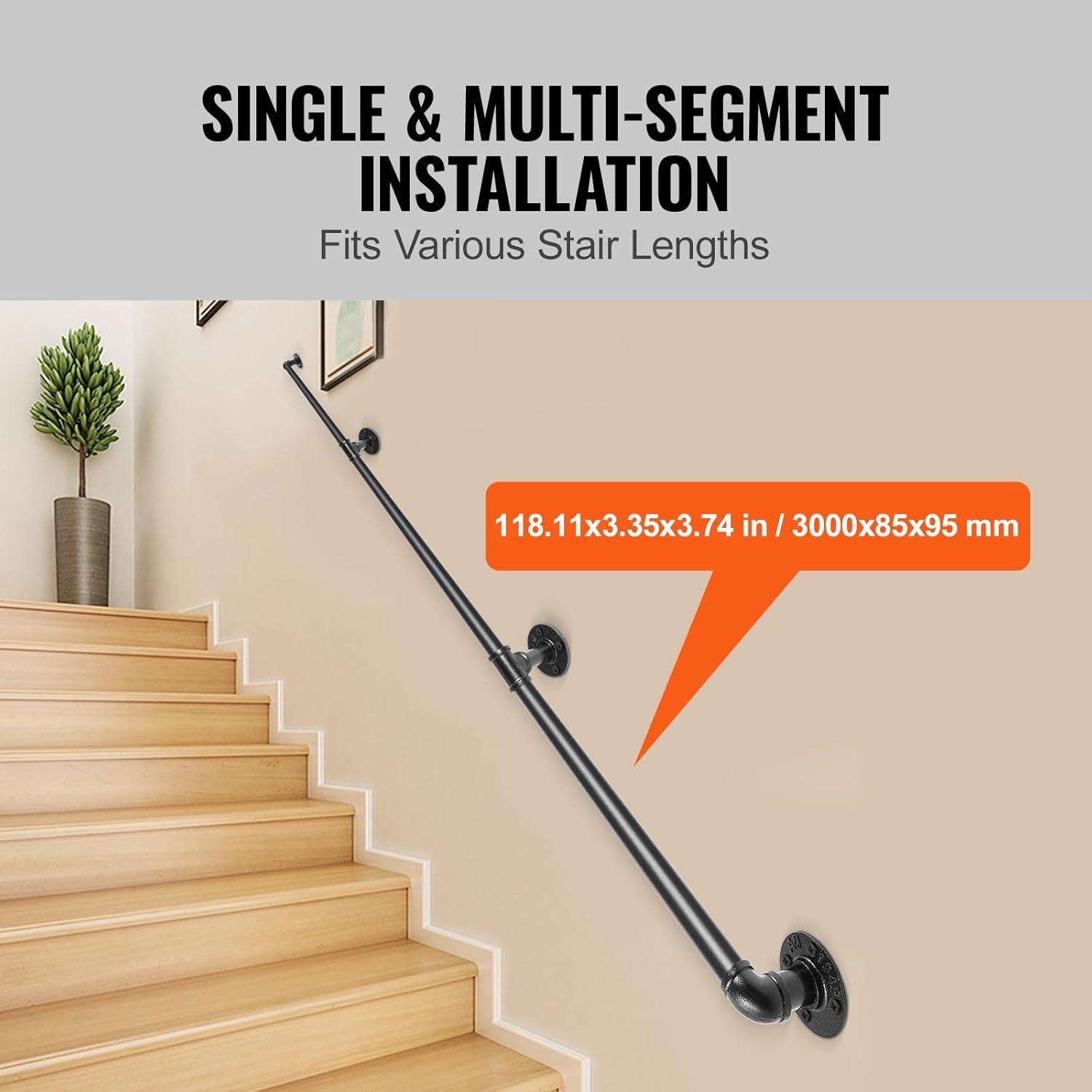 Black PVC and Stainless Steel Stair Handrail with Wall Mount