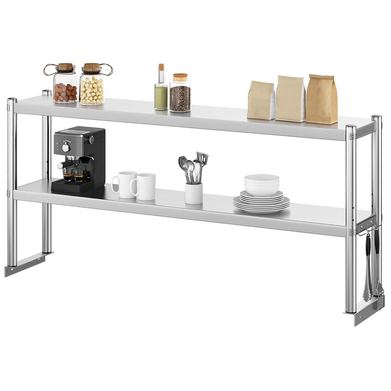 STRELECT 12"x48" Stainless Steel Overshelf for Prep & Work Table, NSF Commercial Adjustable Double Deck Overshelf 2 Tier for Restaurant, Bar, Utility Room, Kitchen and Garage