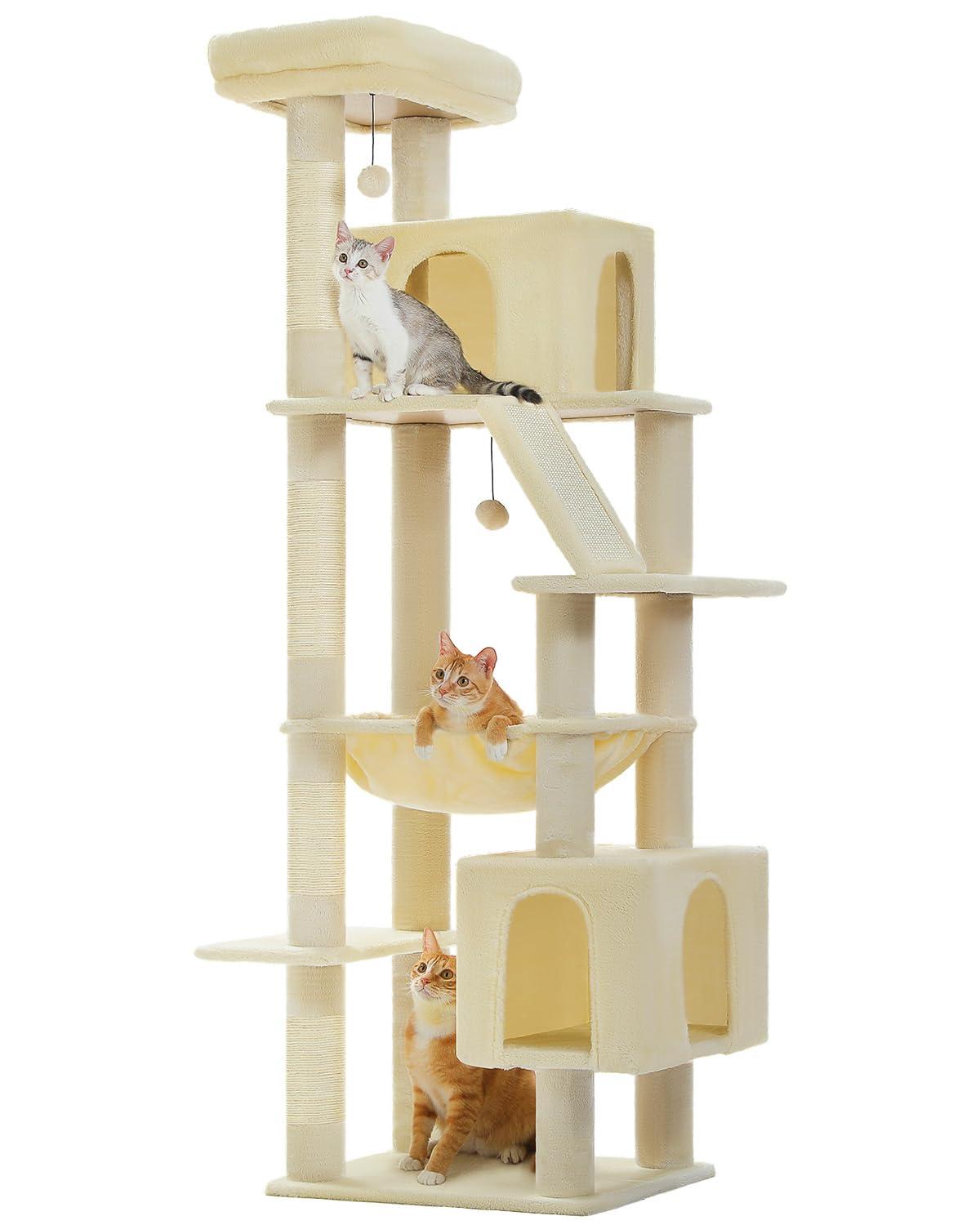 71" Indoor Tall Large Cat Tree Multi-Level Cat House With 2 Big Condo Pad Bed, Cozy Hammock And Scratching Posts