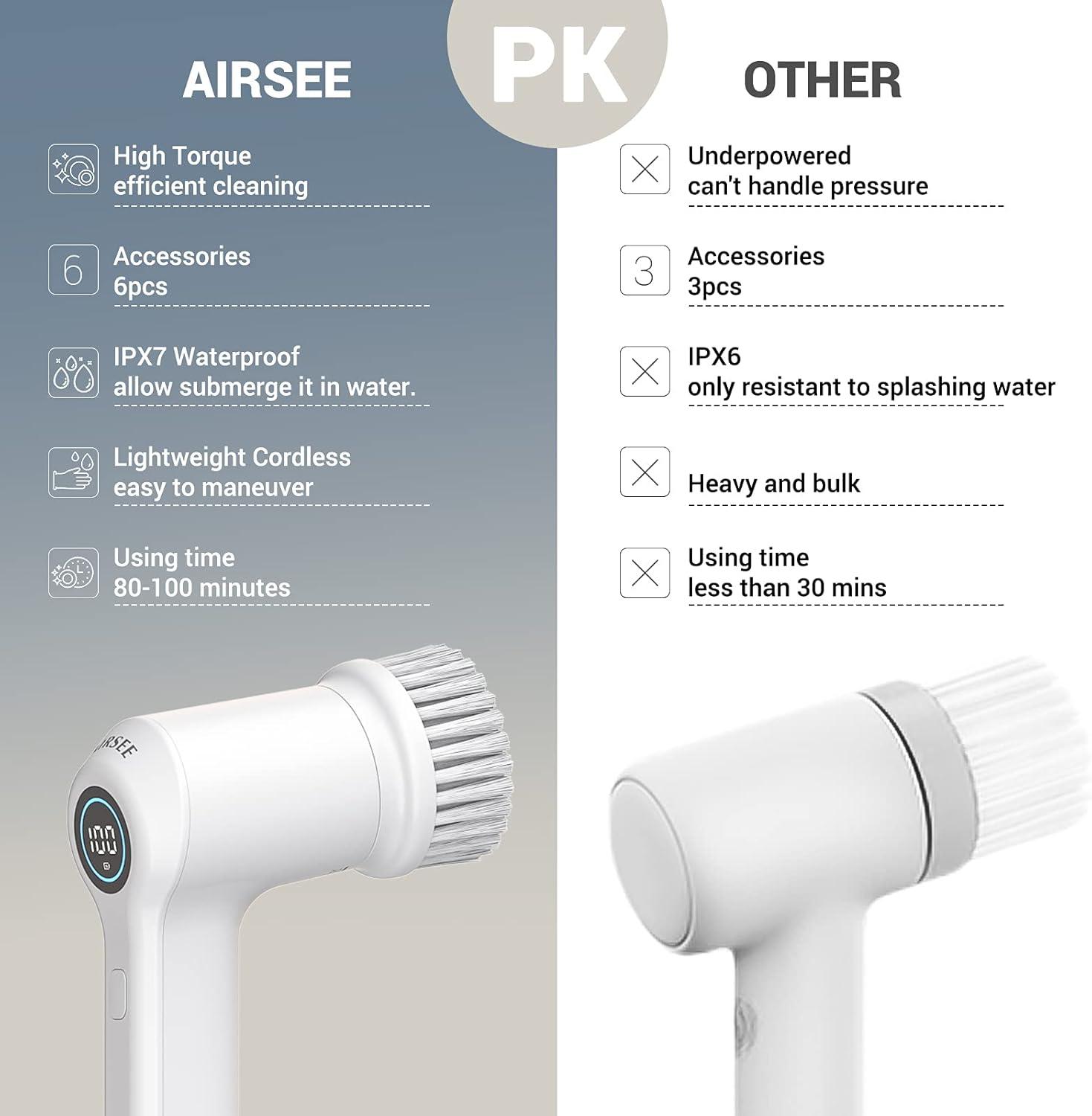 AIRSEE Cordless Electric Spin Scrubber, Handheld Power Shower Cleaner Brush, 2 speeds, 6 Replaceable Brush Heads for Cleaning Floor, Window, Bathroom, Kitchen, for Elderly & Busy Family