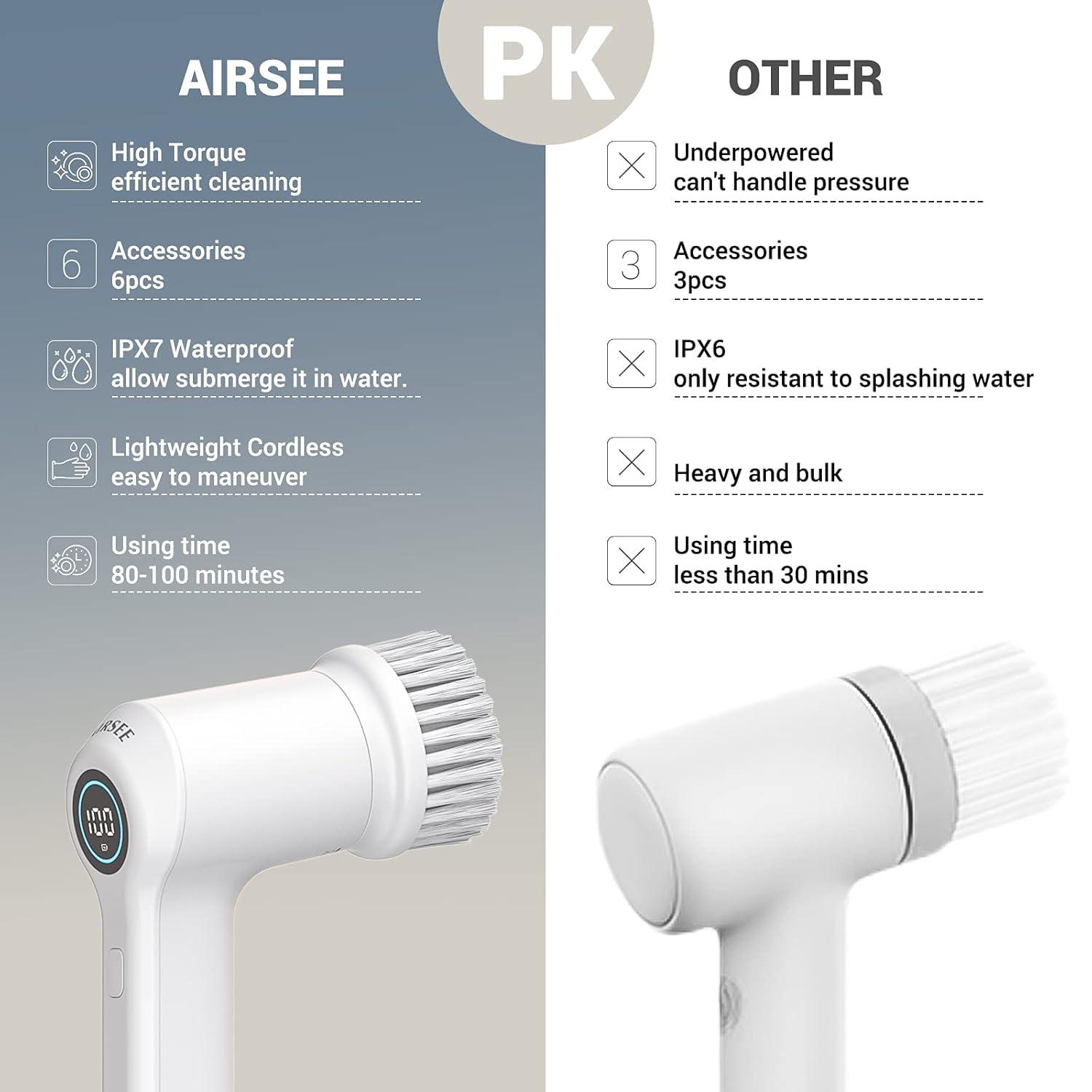 AIRSEE Cordless Electric Spin Scrubber, Handheld Power Shower Cleaner Brush, 2 speeds, 6 Replaceable Brush Heads for Cleaning Floor, Window, Bathroom, Kitchen, for Elderly & Busy Family