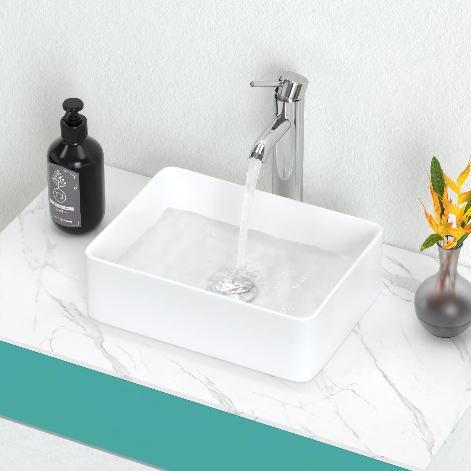 J-FAMILY 14.5'' x 10.6'' Bathroom Small Vessel Sink Above Counter White Porcelain Ceramic Sink Bowl Vanity Sink Lavatory Rectangular Wash Hand Basin