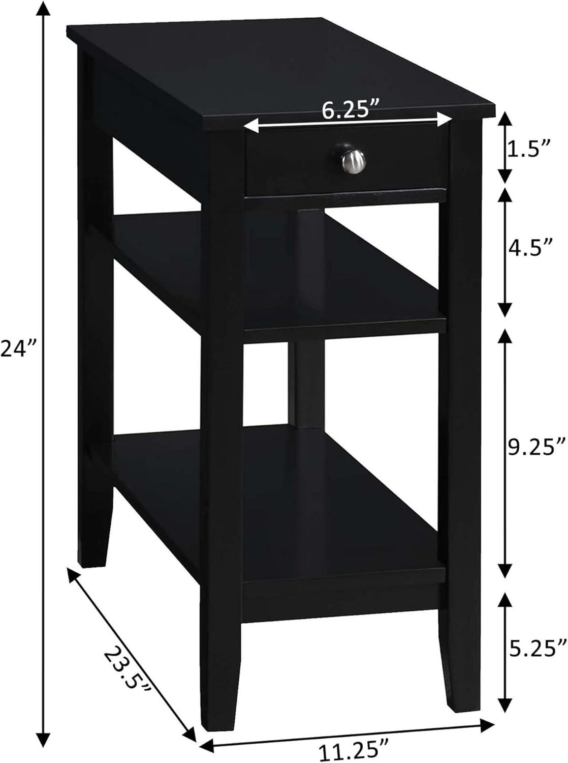 Convenience Concepts American Heritage 1 Drawer Chairside End Table with Charging Station and Shelves, Black