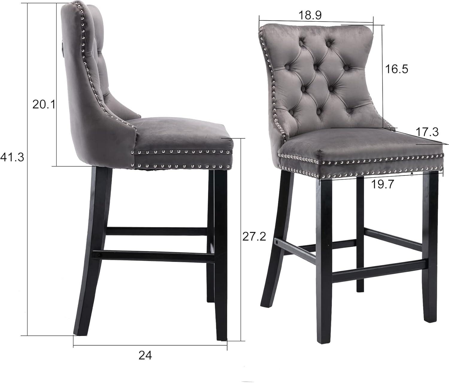 Gray Velvet Upholstered Wingback Barstools with Nailhead Trim