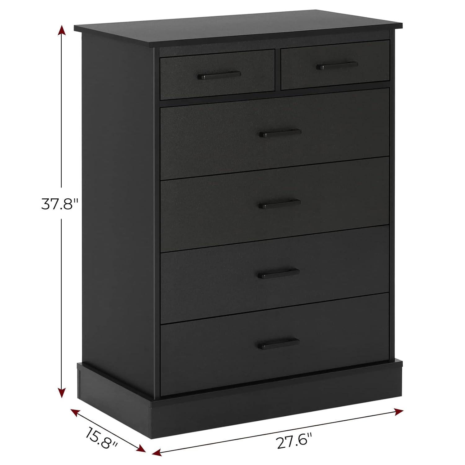 Black Dresser for Bedroom, 6 Drawers Dresser Wood Storage Tower Clothes Organizer, Chest of 6 Drawers, Large Capacity Storage Cabinet, Tall Dresser for Bedroom, Hallway, Entryway