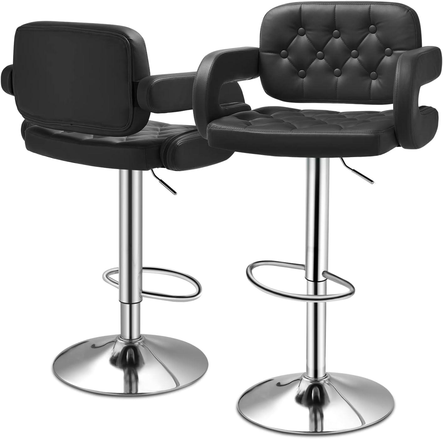 Altier Faux Leather Swivel Bar Stools, Adjustable Counter Height Barstools with Backrest and Armrest