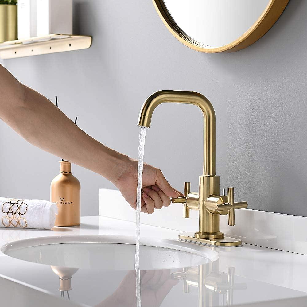 Brushed Gold 2-Handle Low-Arc Bathroom Faucet with Drain