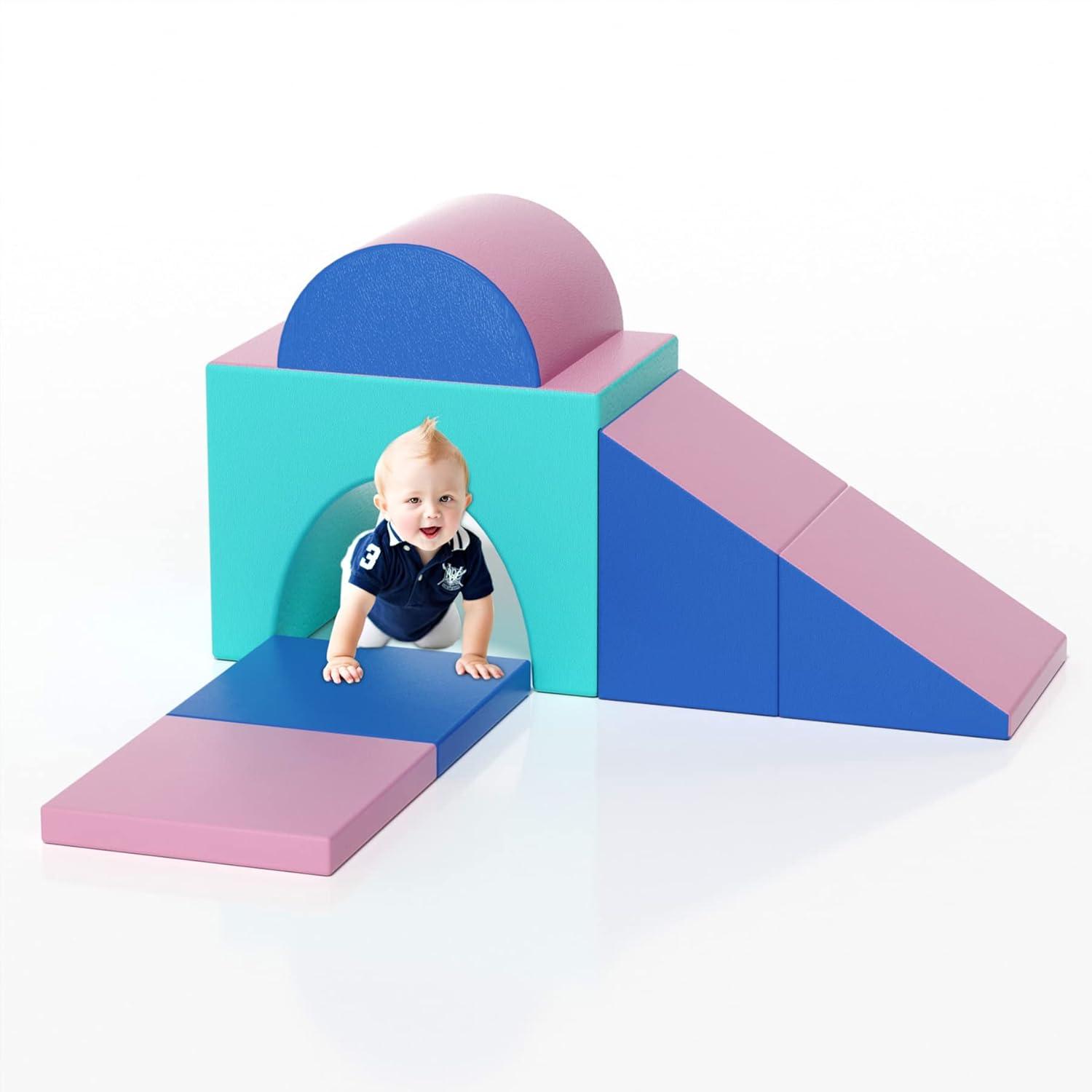 XJD Foam Climbing Blocks for Toddlers, 5 Piece Soft Play Foam Baby Climbing Blocks for Toddlers, Single-Tunnel Climb and Crawl Activity Playset, Pink Blue