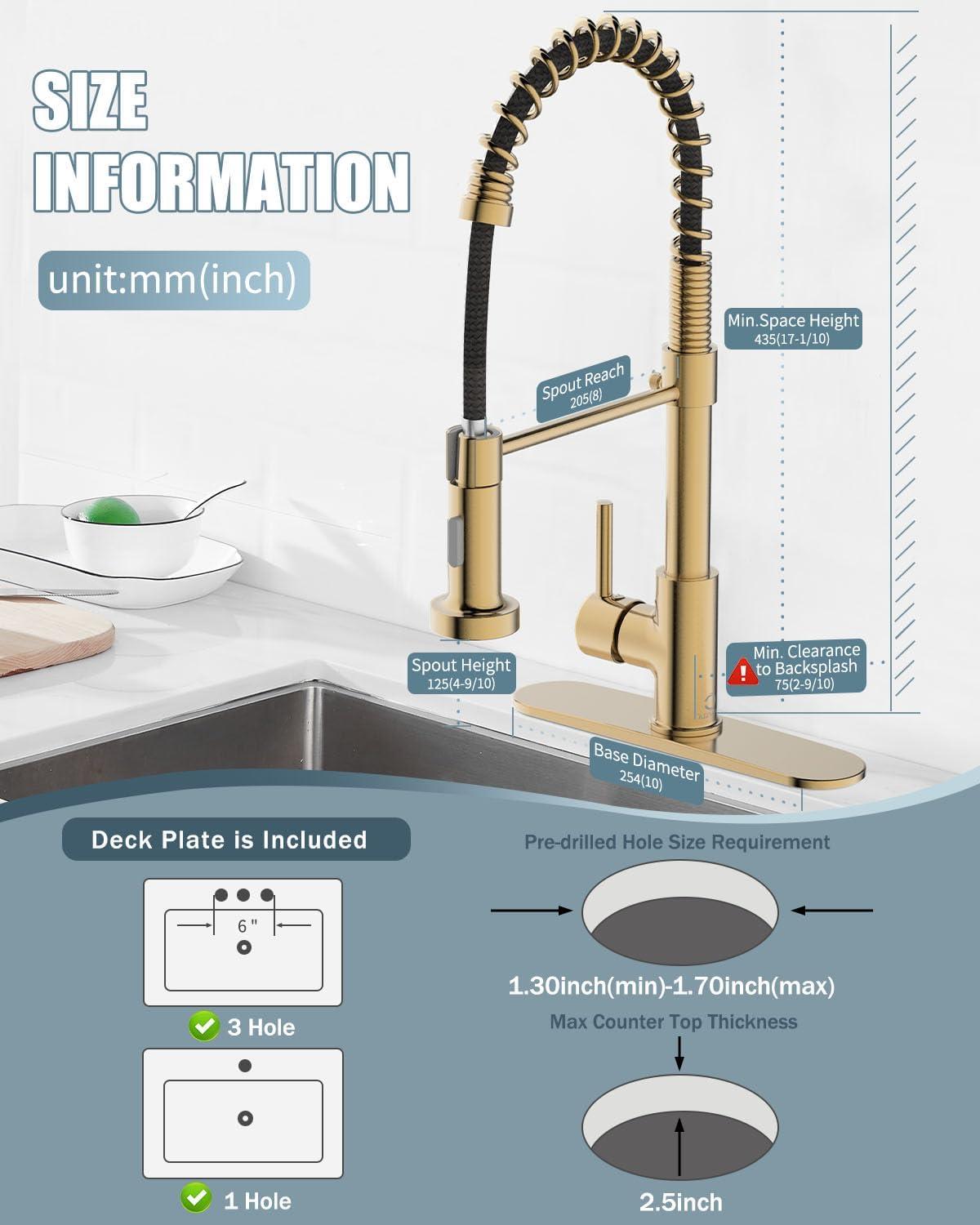 Brushed Gold Stainless Steel Pull Down Kitchen Faucet with Deck Plate