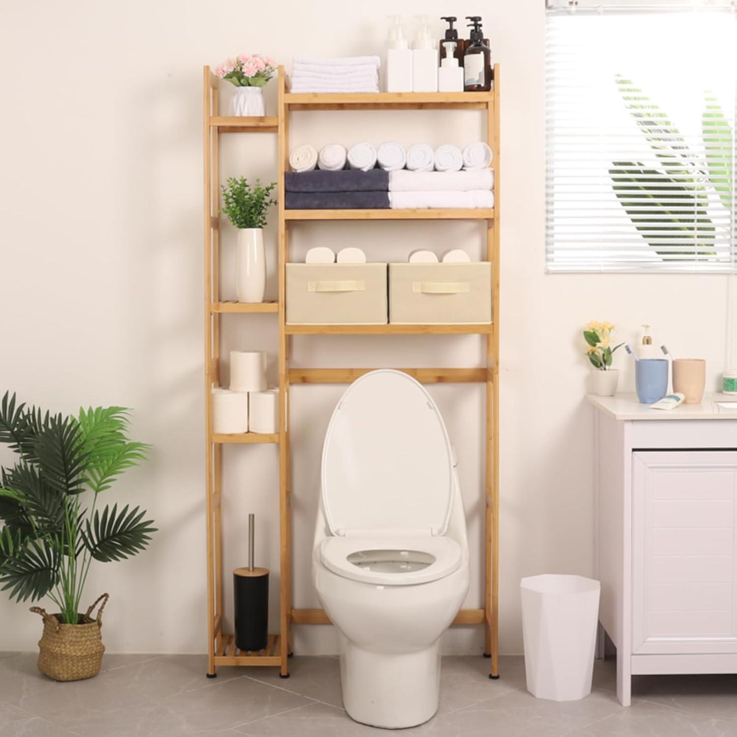 Over The Toilet Storage with Basket and Drawer, with Adjustable Shelf & Waterproof Feet Pad