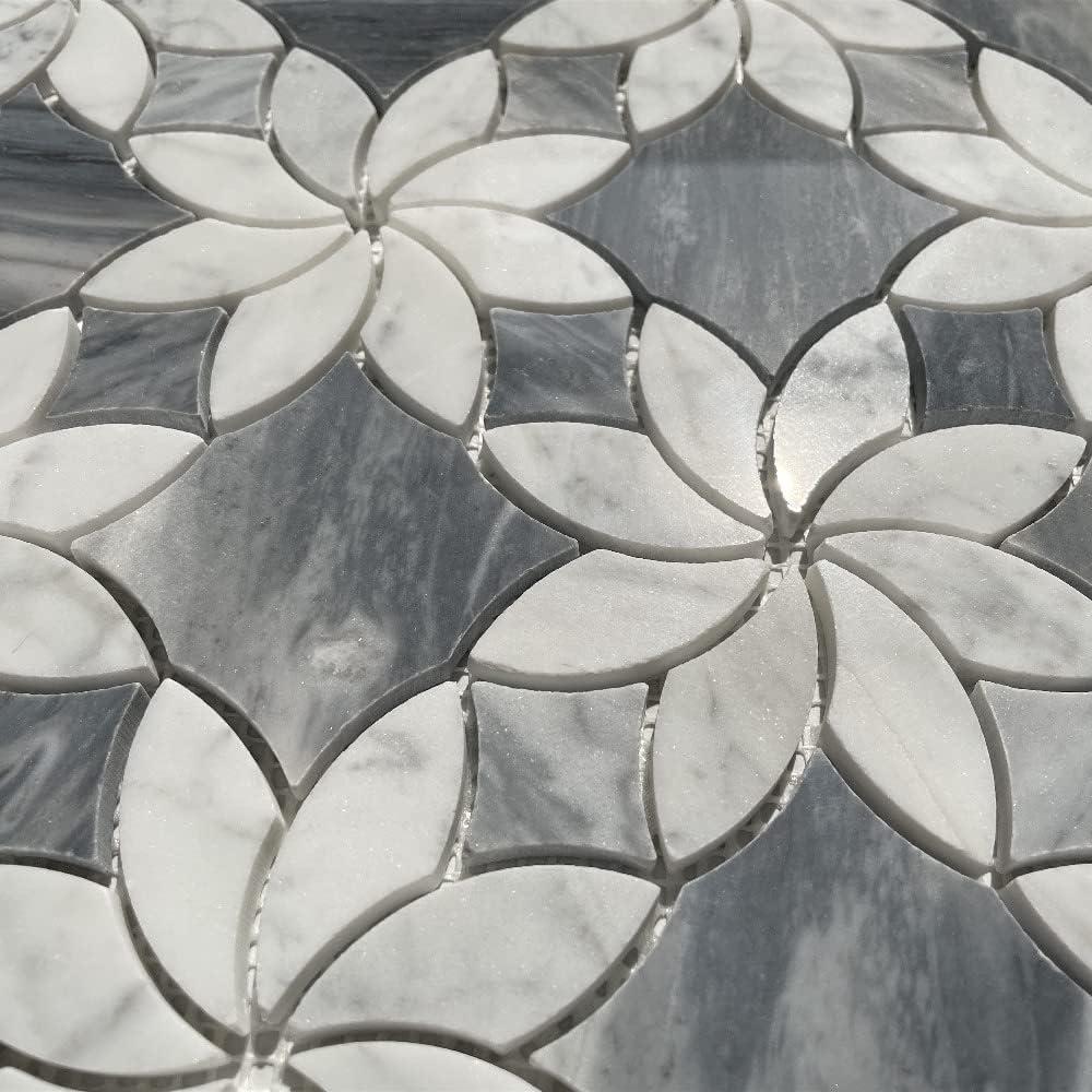 Stone Center Online Carrara White Marble Ice Flower Blossom Waterjet Mosaic Tile w/Bardiglio Gray Polished Kitchen Bath Wall Floor Backsplash Shower (1 Sheet)