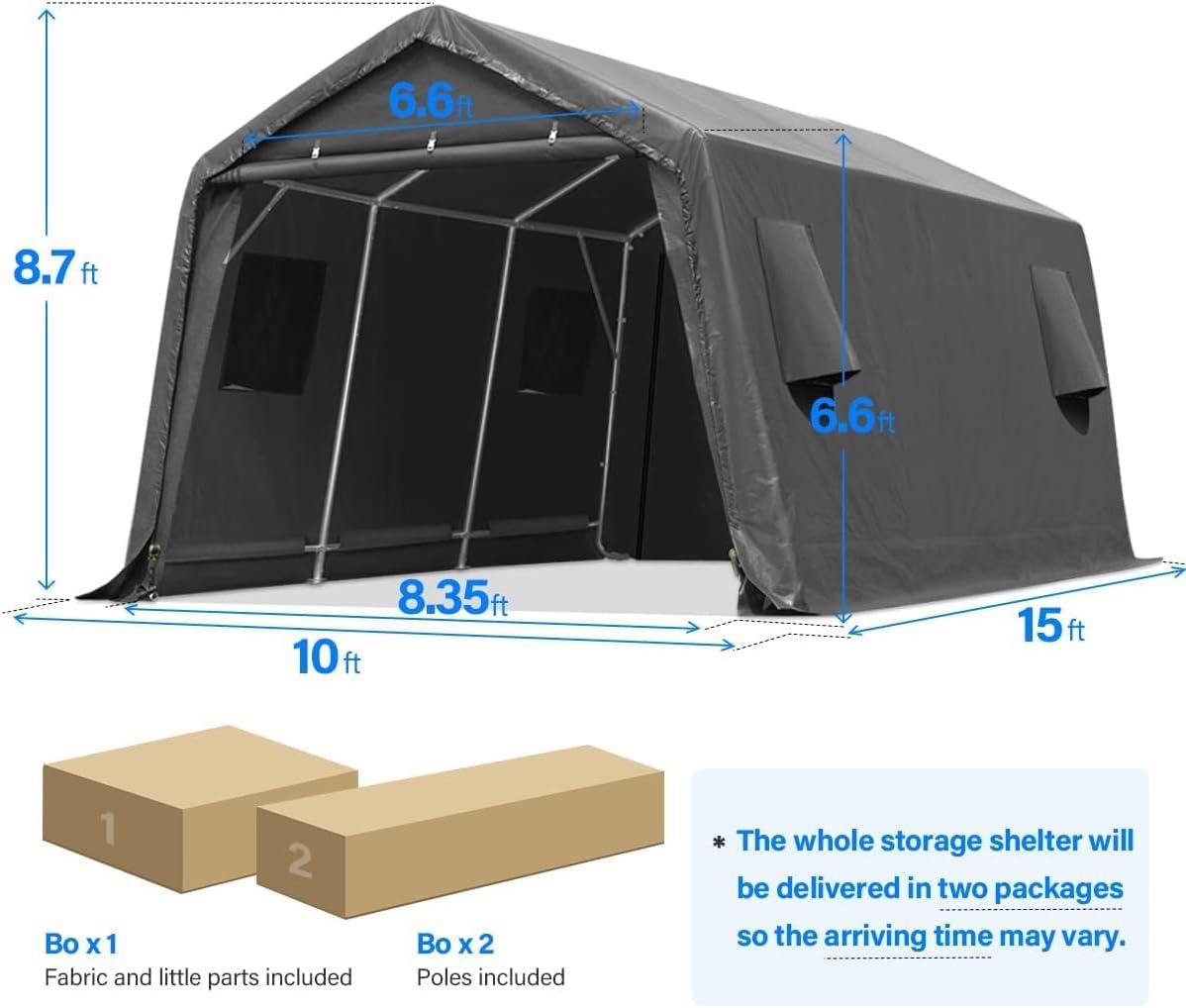 ADVANCE OUTDOOR 10x15 ft Outdoor Storage Shelter Shed with 2 Roll up Zipper Doors & Vents Peak Roof Carport for Motorcycle Waterproof and UV Resistant Anti-Snow, Gray